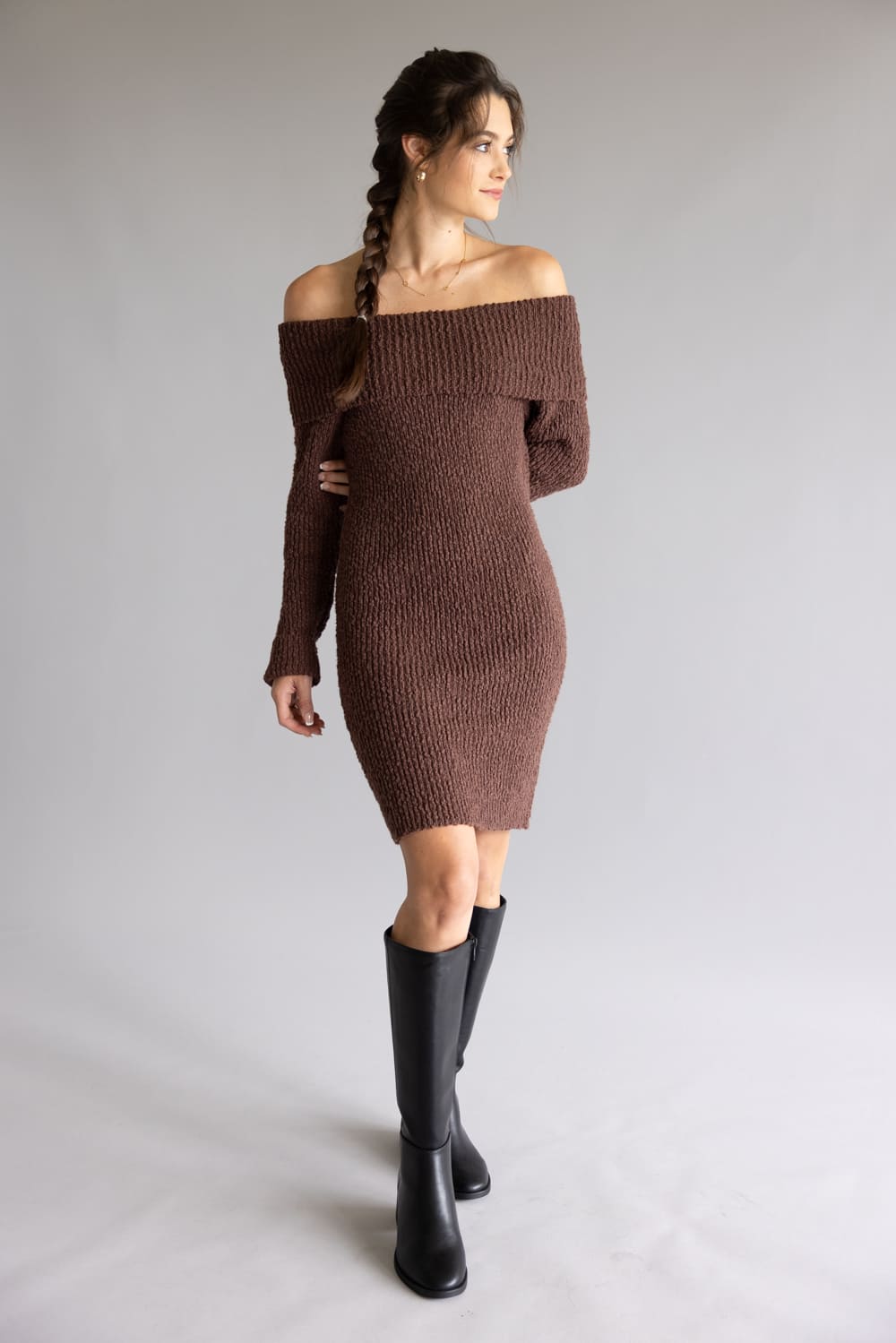 Illa Illa Off The Shoulder Knit Sweater Dress for Women in Brown | IM8665-BROWN - S / Brown Illa Illa Off The Shoulder Knit Sweater Dress for Women in Brown | IM8665-BROWN - S / Brown