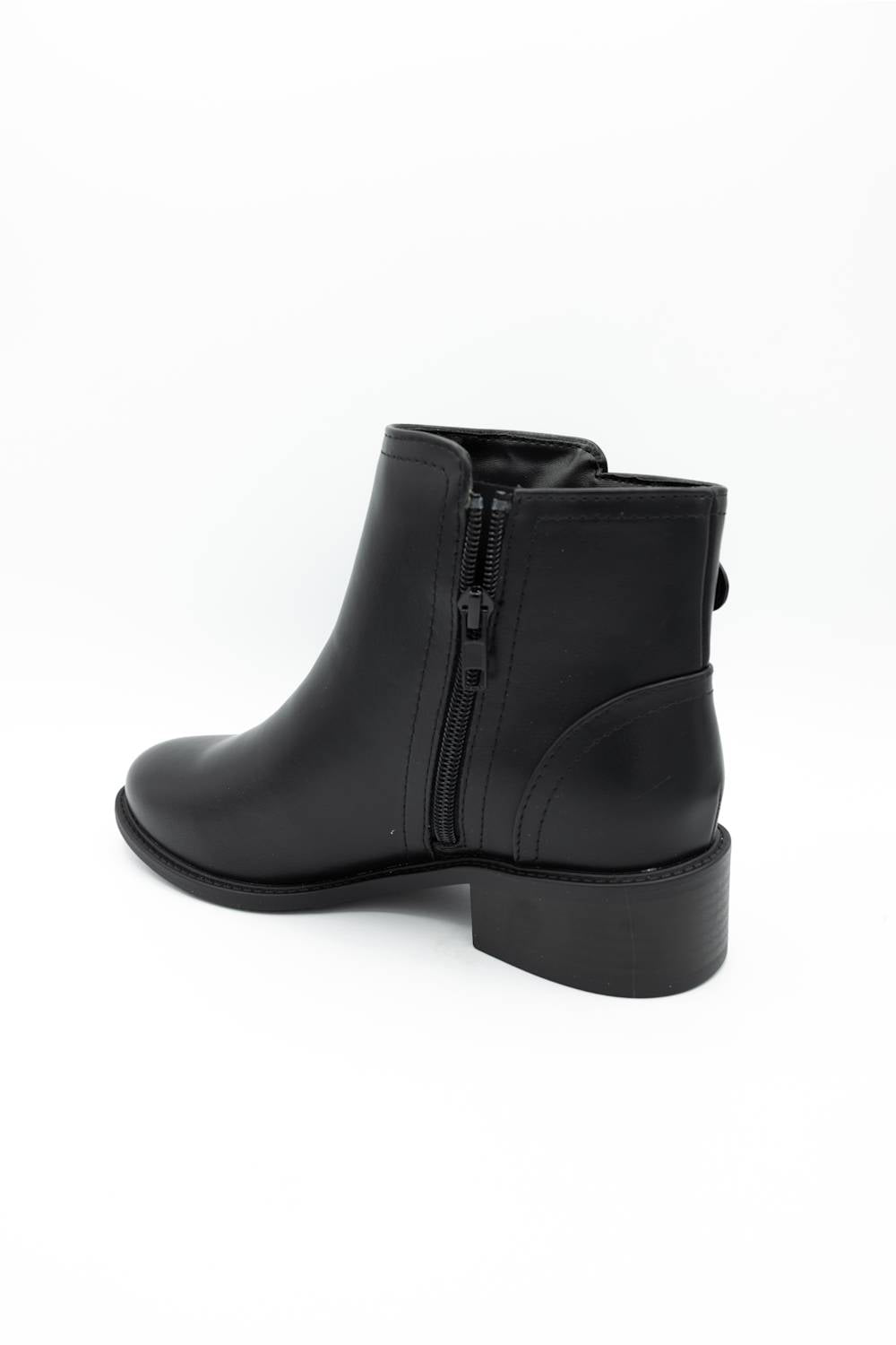 A black leather ankle boot with a side zipper, shown from a rear three-quarter angle on a white background.