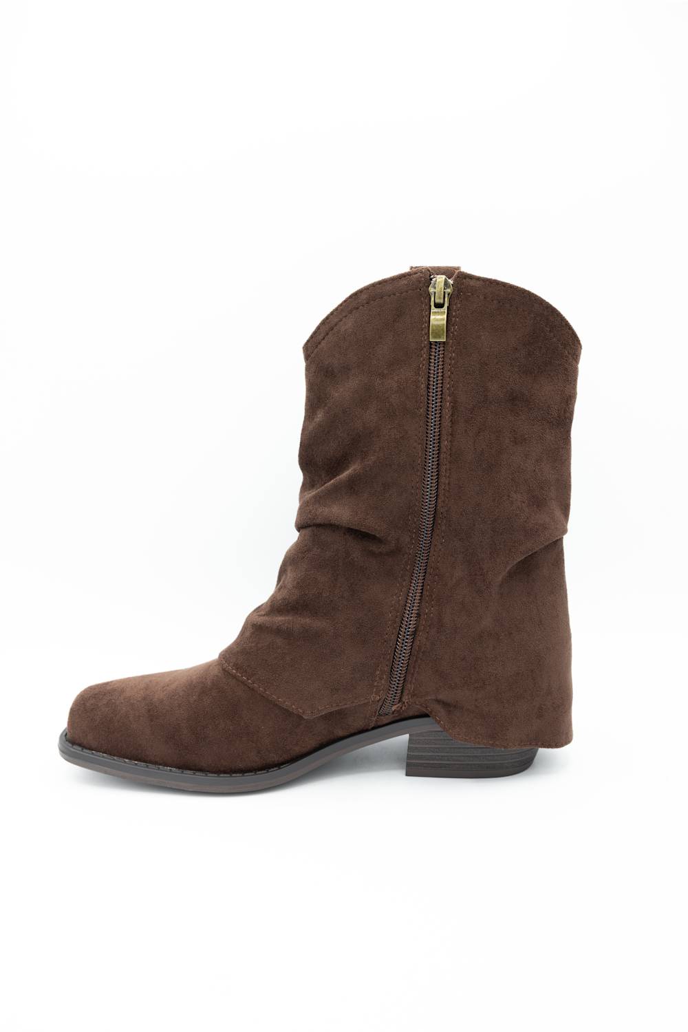 A brown suede mid-calf boot with a side zipper and low block heel, shown from a side profile on a white background.