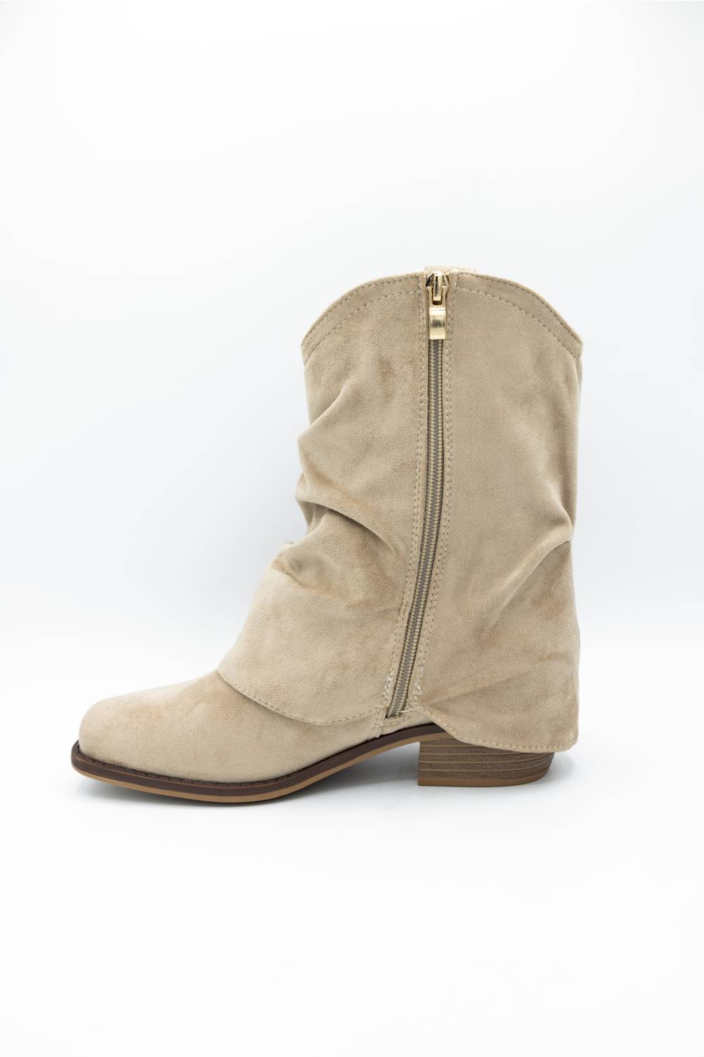 A light beige suede ankle boot with a side zipper, low block heel, and square toe, shown from a side profile on a white background.