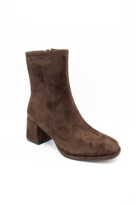 A single brown suede ankle boot with a block heel and square toe, shown from a three-quarters angle on a white background.
