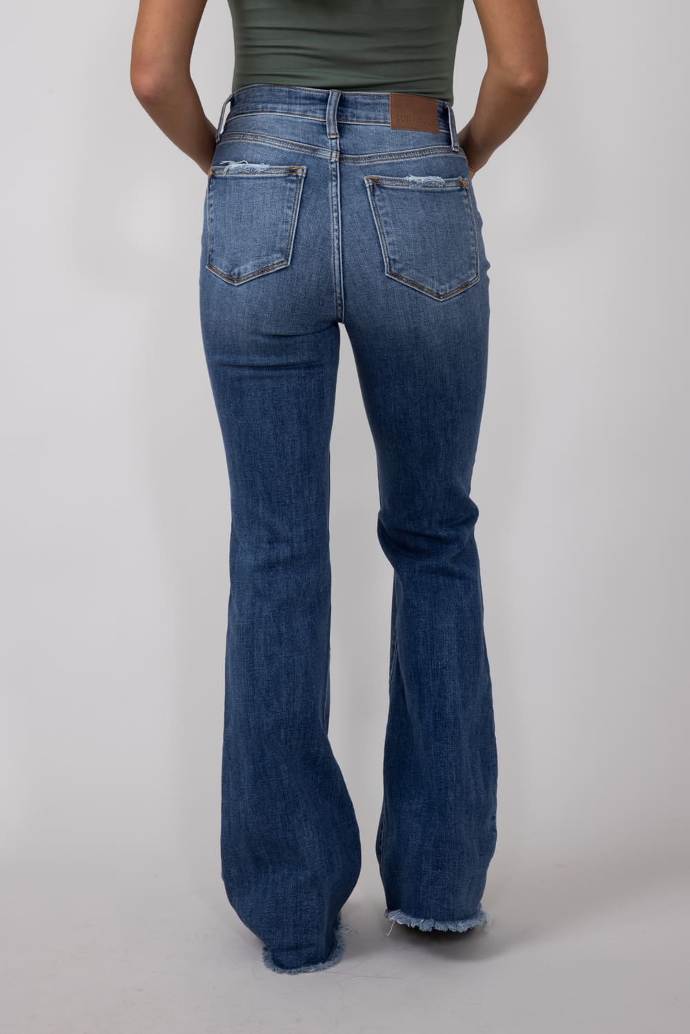 Judy Blue Mid Rise Medium Wash Flare Frayed Hem Distressed Jeans for Women