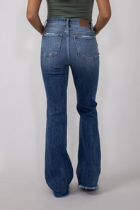 Judy Blue Mid Rise Medium Wash Flare Frayed Hem Distressed Jeans for Women