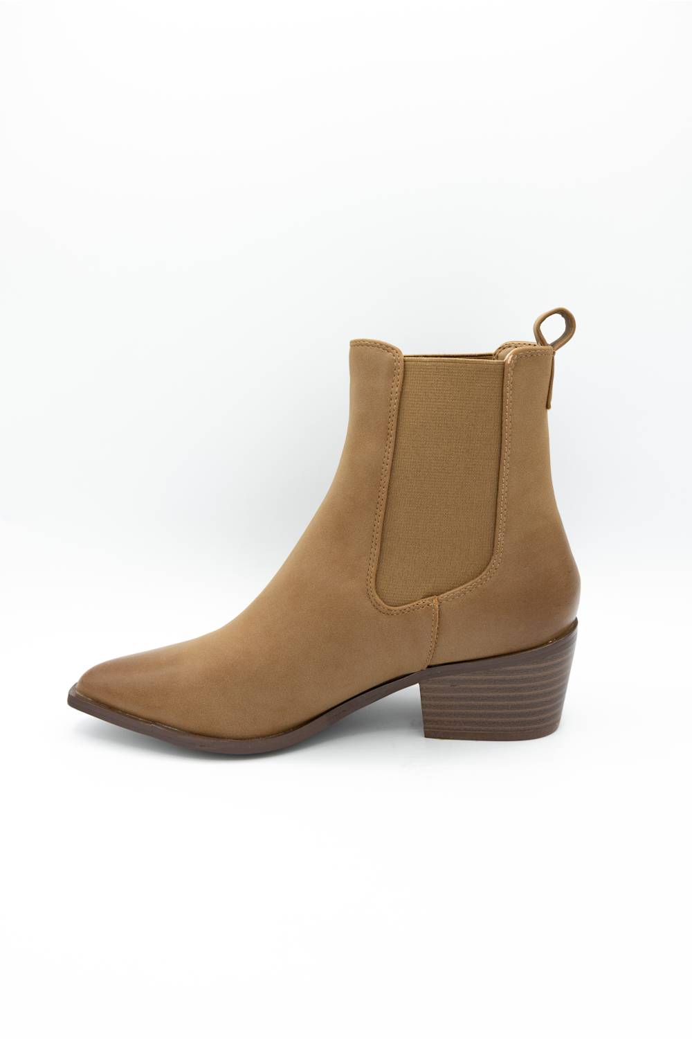 A single tan suede ankle boot with a low stacked block heel and a small pull loop at the back, shown from a side profile on a white background.