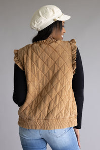 Garment Washed Quilted Ruffle Sleeve Vest for Women in Brown