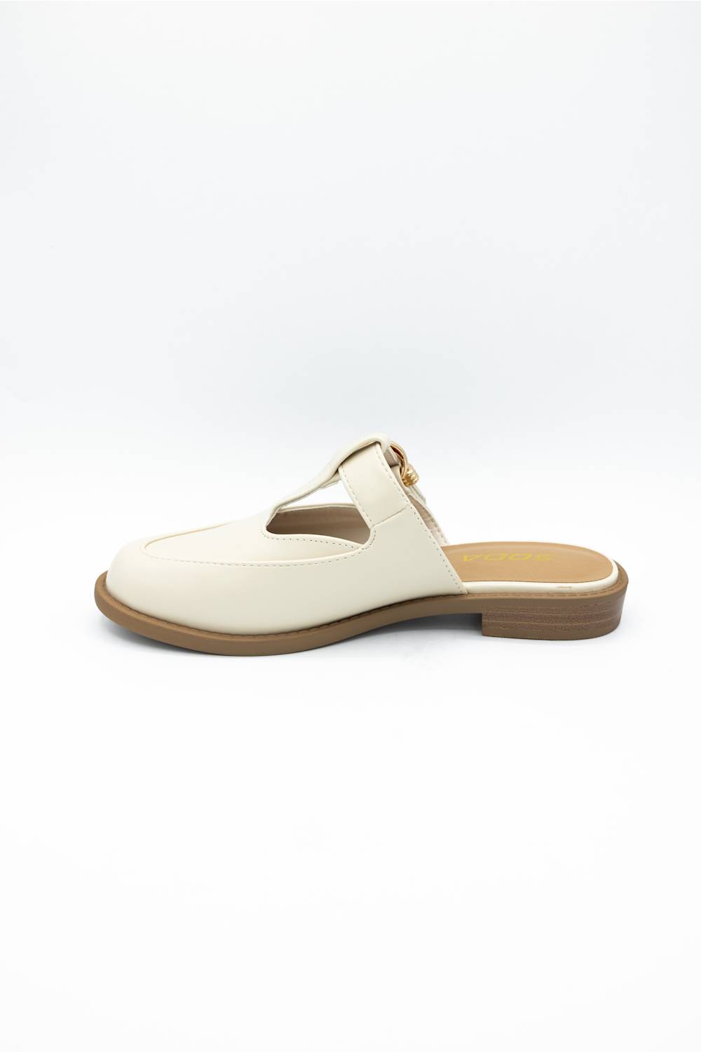 A single off-white leather mule sandal with a low brown heel and a small gold buckle detail, shown from a side profile on a white background.