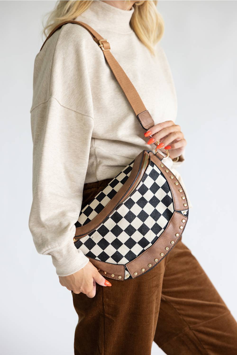 KW Fashion Checkered Crossbody Bag for Women in Brown