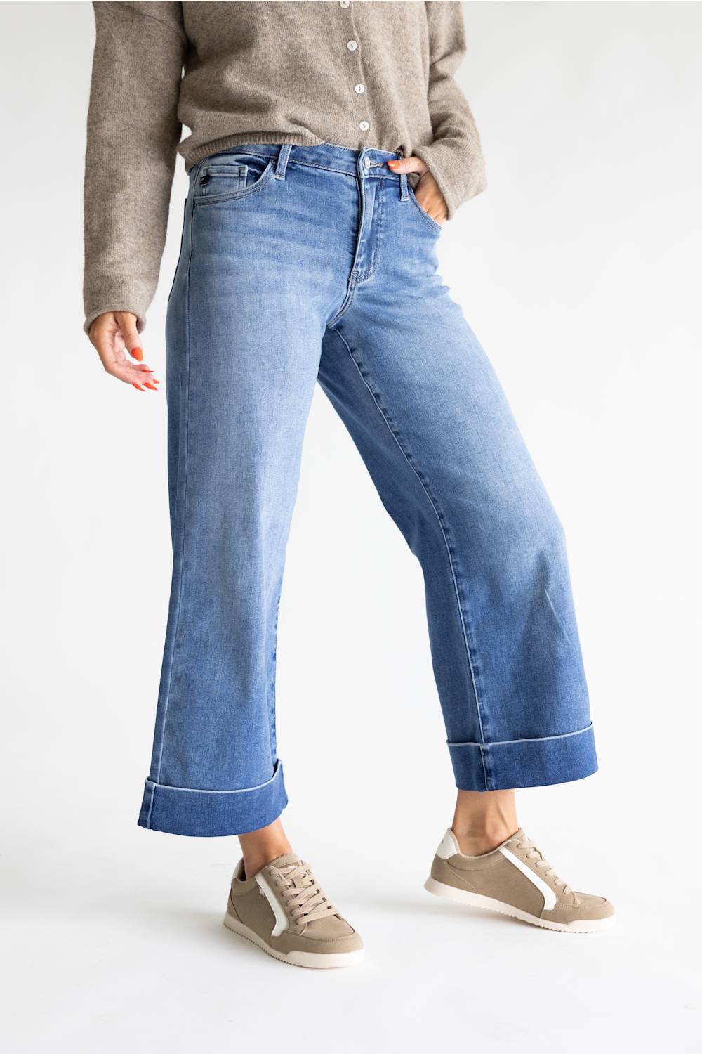 KanCan Mid Rise Cropped Wide Jeans for Women