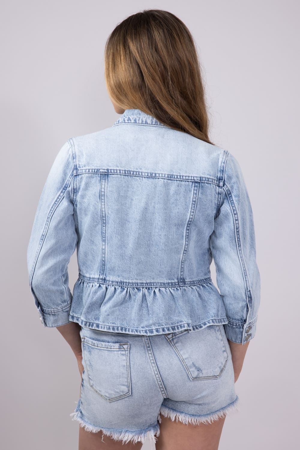 KanCan Youth Peplum Ruffle Denim Jacket for Girls in Light Wash