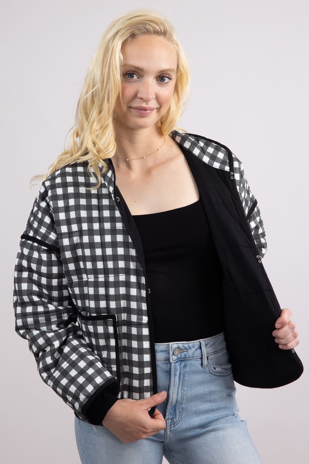 Gingham Quilted Jacket for Women in Black | KDC-JKT-21-BLK – Glik's