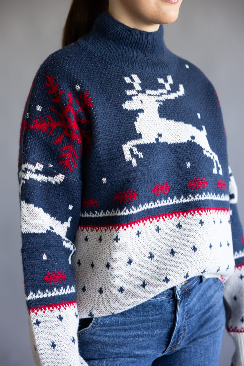 High Neck Fair Isle Sweater for Women in Dusty Blue
