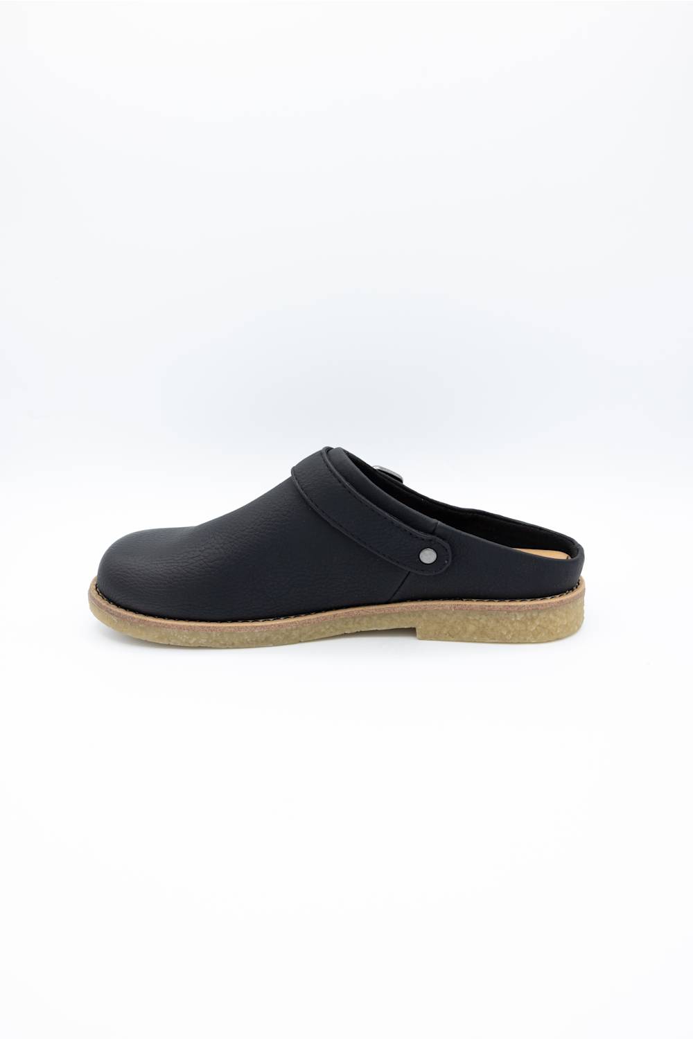 A single black leather clog shoe with a tan cork-look sole, shown in profile against a plain white background.