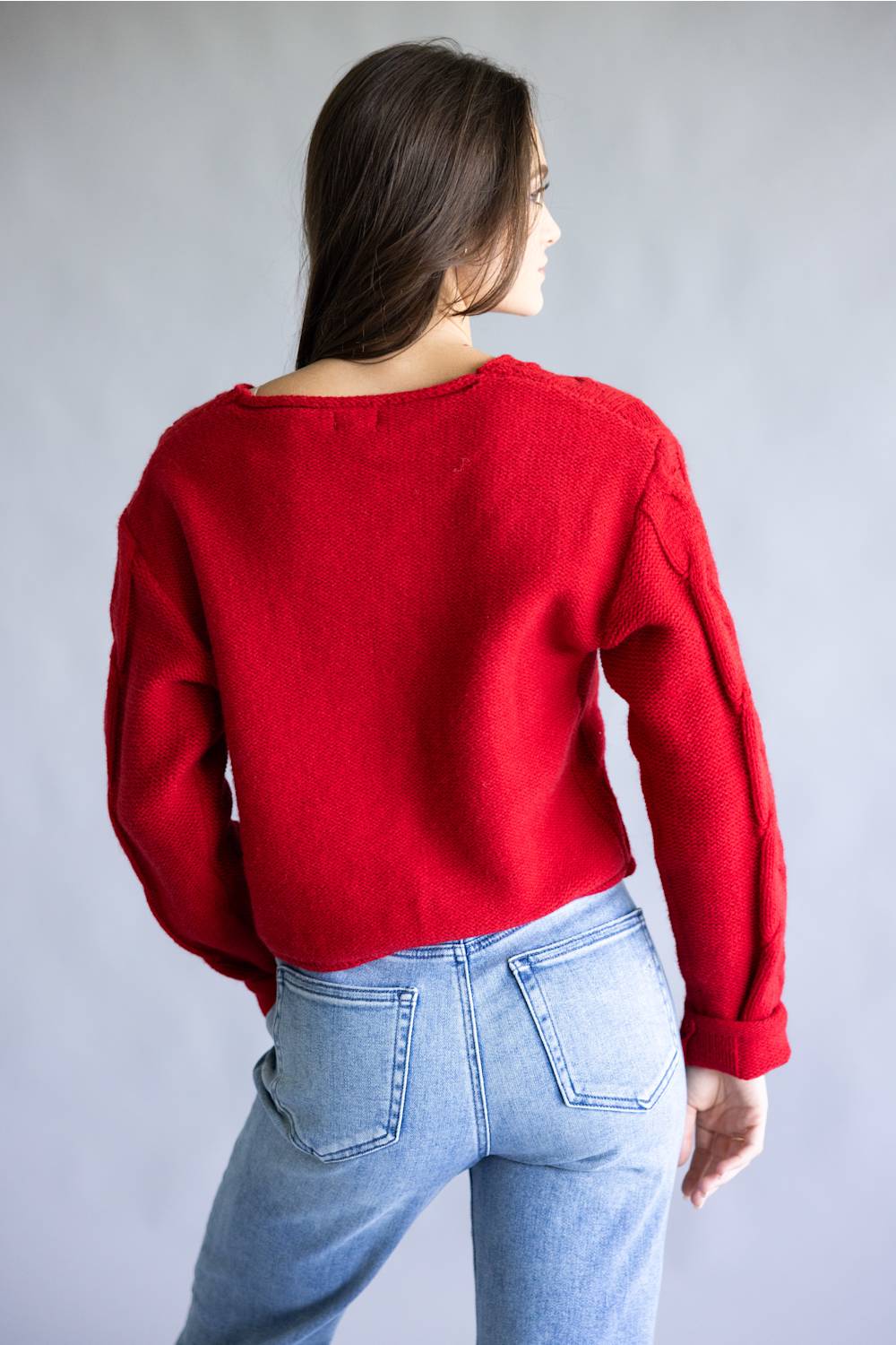 La Miel V-Neck Cable Knit Sweater for Women in Red