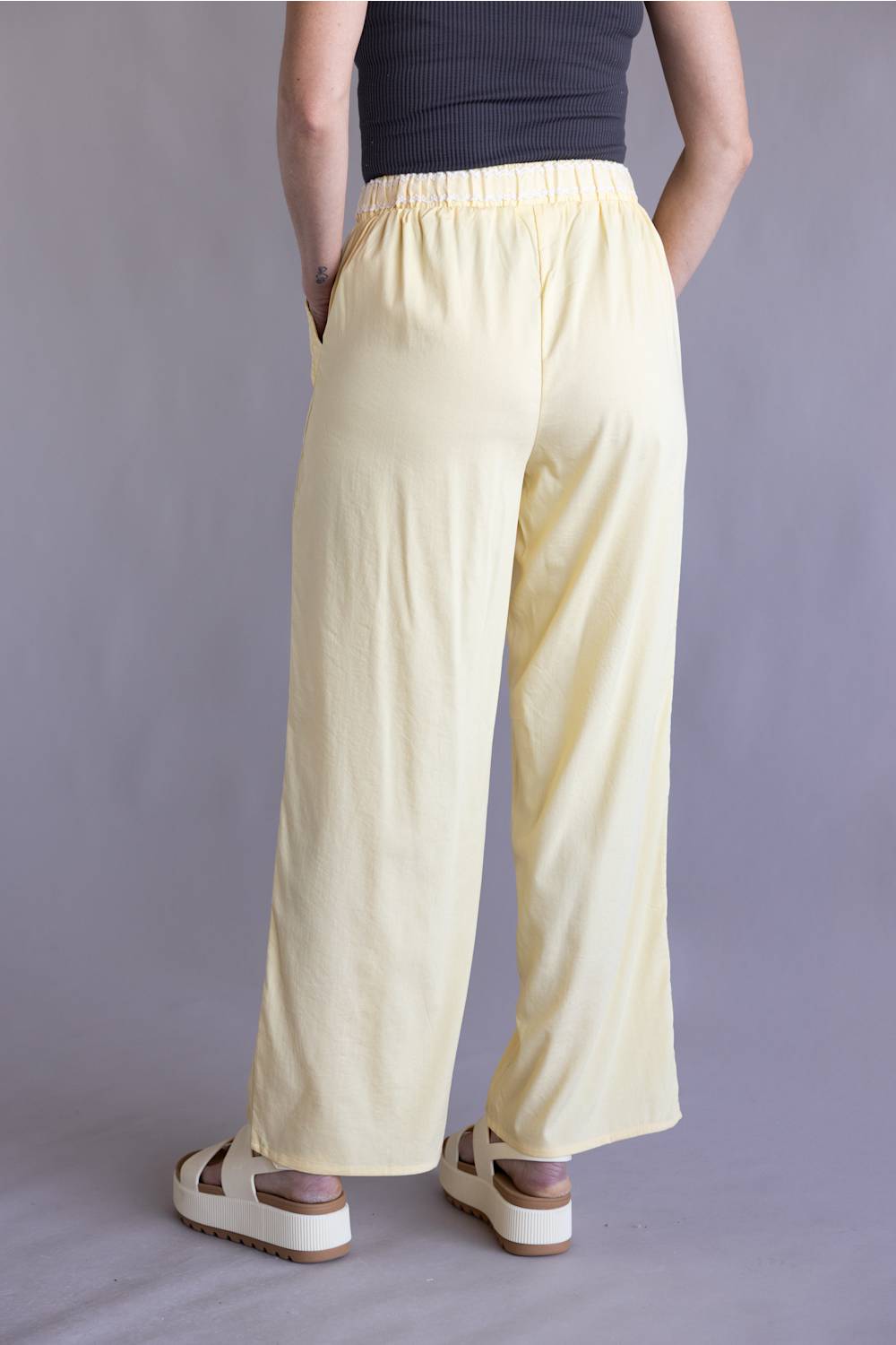 Lace Trim Drawstring Pants for Women in Yellow