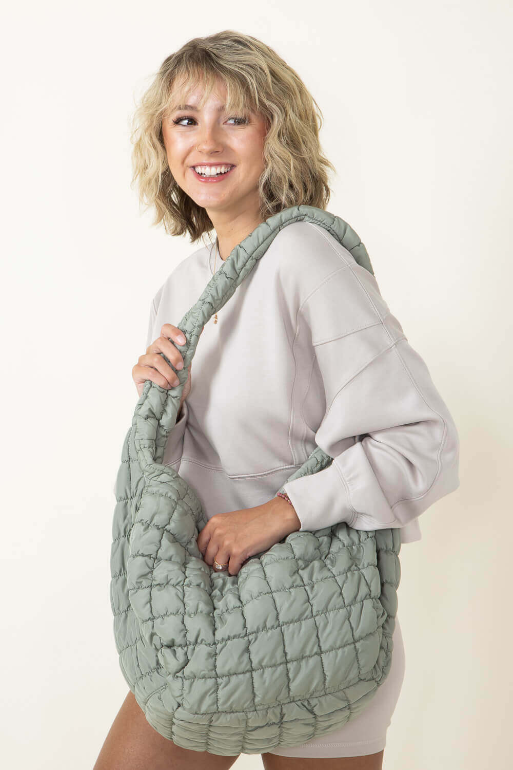 Large Quilted Puffer Carryall Bag for Women in Sage