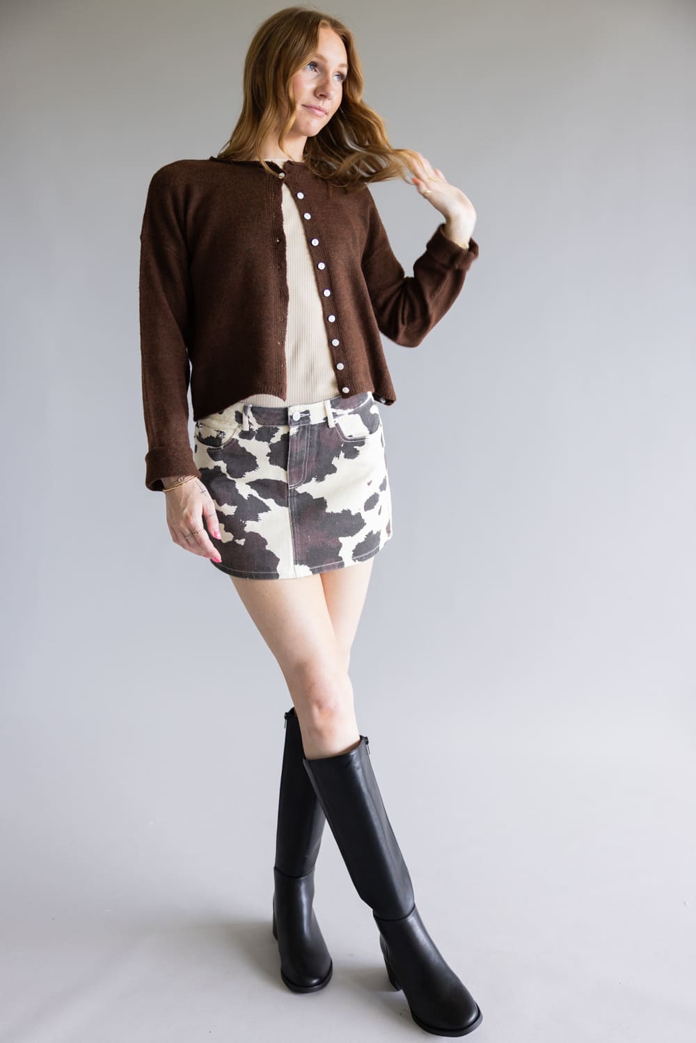 LeLis Cow Print Mini Skirt for Women in Cream/Brown