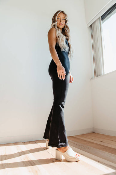 Mono B Flare Sleeveless Long Catsuit (Bodysuit) for Women in Black