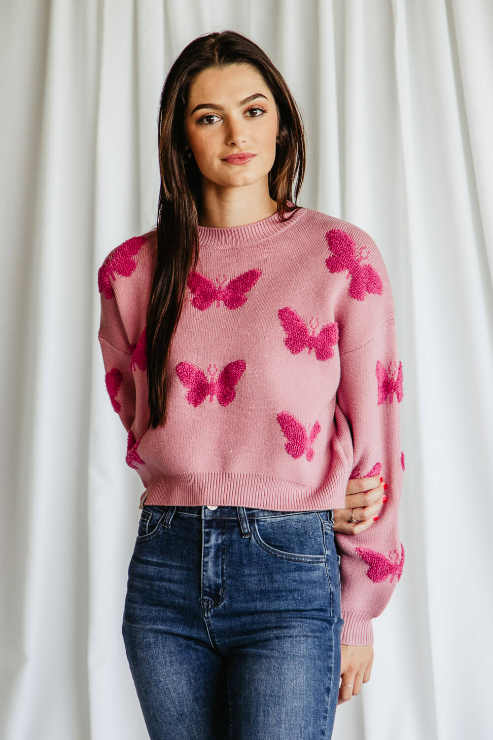 Simply Southern Butterfly Print Cropped Sweater for Women in Pink