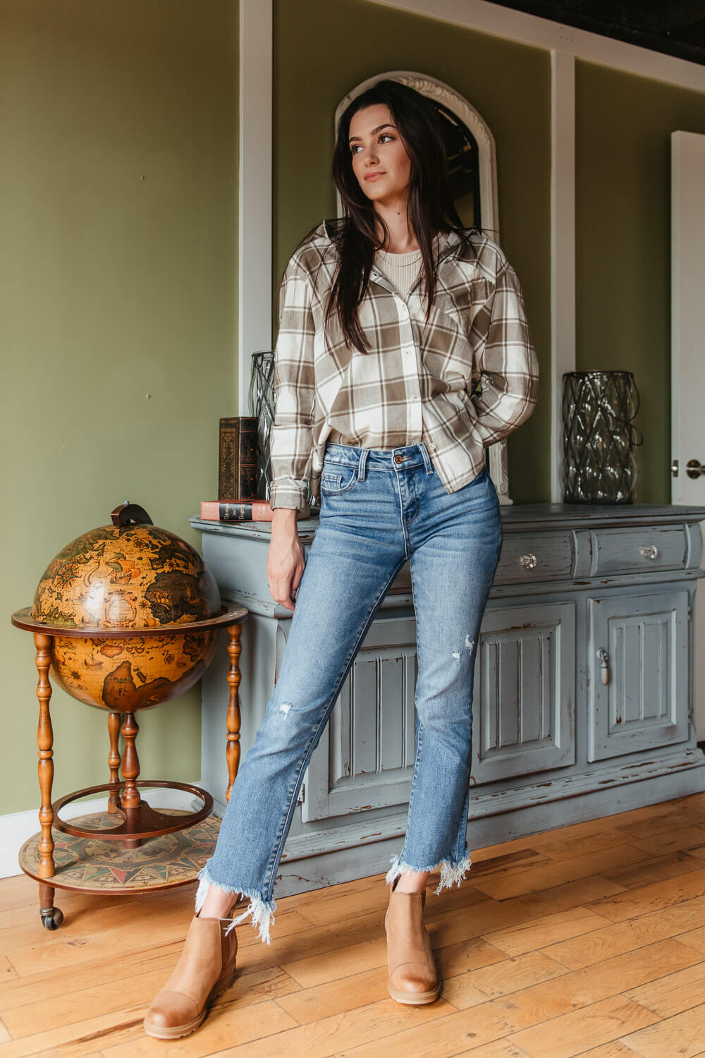 Thread Supply Flannel Plaid Shirt for Women in White and Sage