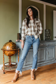 Thread & Supply Button Up Flannel Plaid Shirt for Women in White/Sage Green