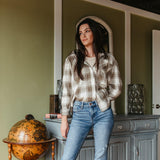 Thread & Supply Button Up Flannel Plaid Shirt for Women in White/Sage Green