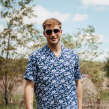 Weatherproof Vintage Rayon Tropical Palm Button-Down Shirt for Men in Blue