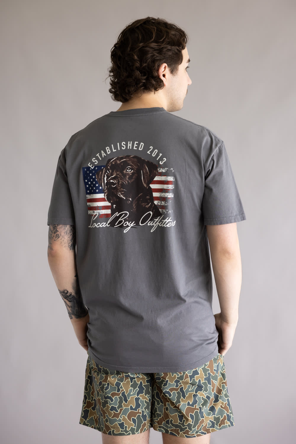 Local Boy Patriotic Pup T-Shirt for Men in Grey