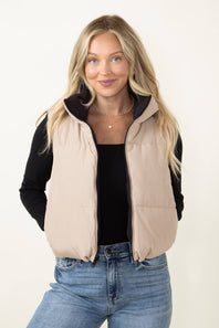 Love Tree Cropped Reversible Puffer Vest for Women in Black/Beige