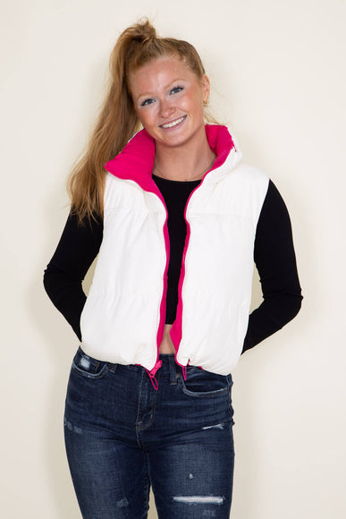 Love Tree Cropped Reversible Puffer Vest for Women in White/Fuchsia