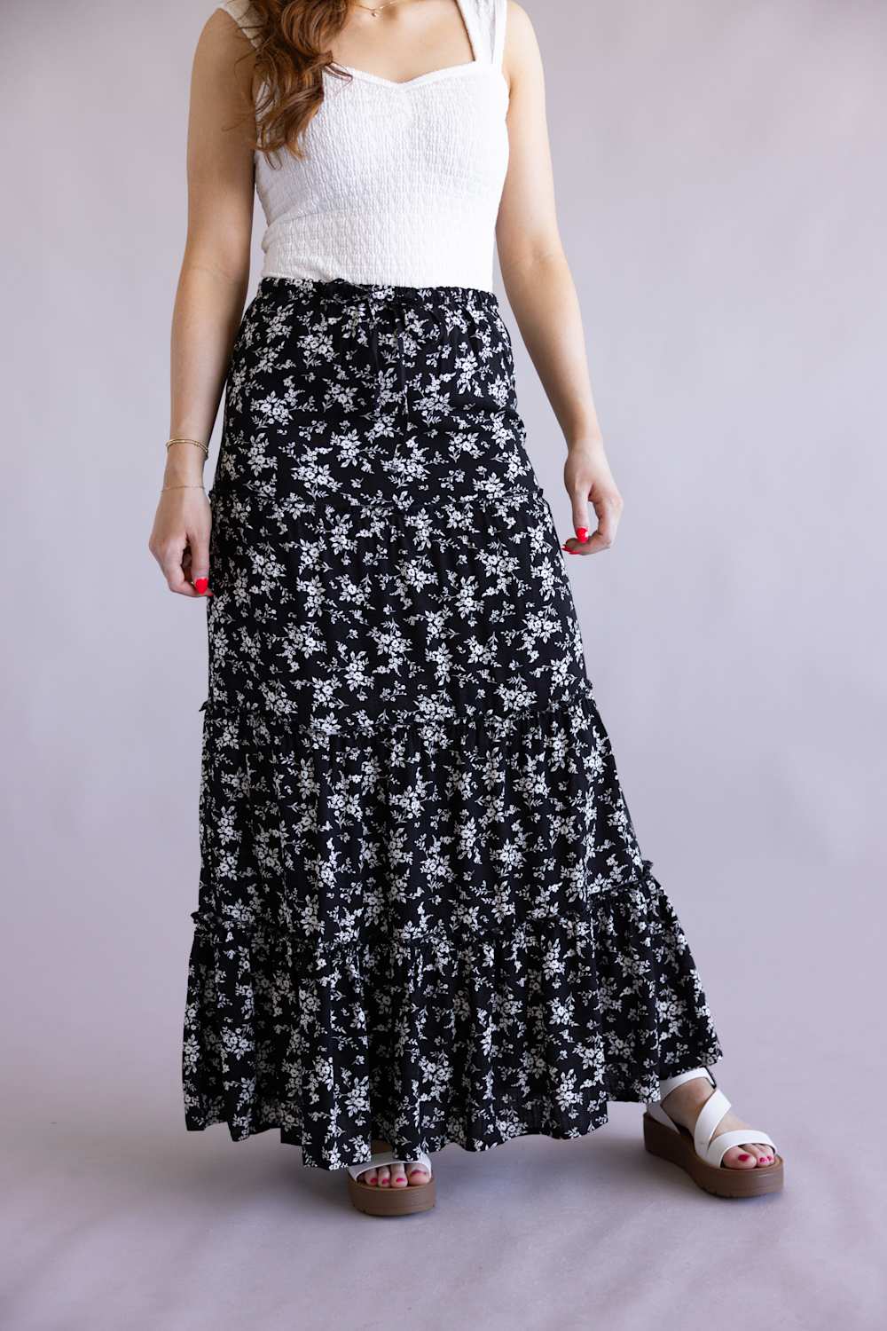 Love Tree Floral Tie Waist Tiered Maxi Skirt for Women in Black