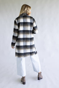 Love Tree One Button Plaid Long Coat for Women in Combo Black 