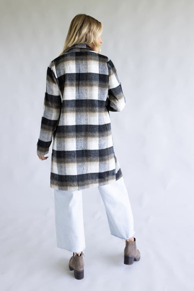 Love Tree One Button Plaid Long Coat for Women in Combo Black 