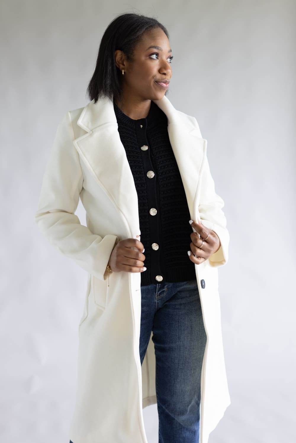 Love Tree Two Button Long Coat for Women in Ivory | 80260JN-IVORY