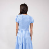 Smocked Bodice Puff Sleeve Tiered Dress for Women in Blue