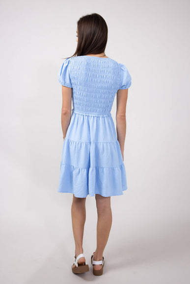 Smocked Bodice Puff Sleeve Tiered Dress for Women in Blue