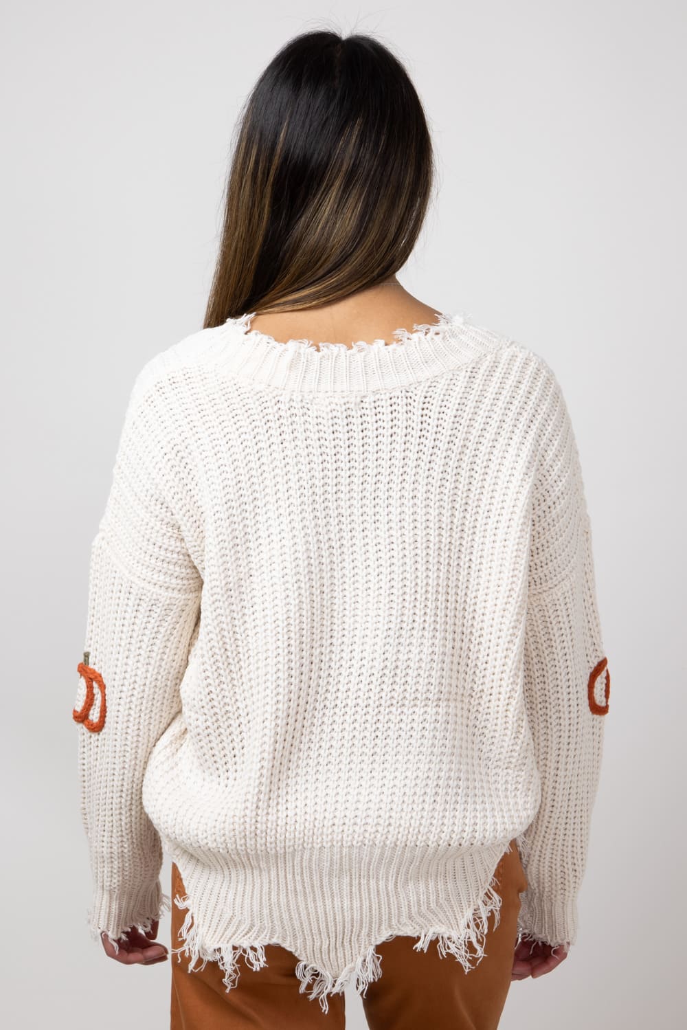 Pumpkin Patch V Neck Frayed Sweater for Women in Ivory CL20616 IVORY Glik s