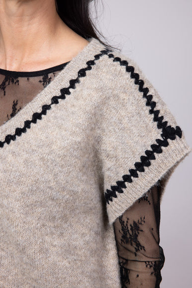 Aaron & Amber Embroidered V-Neck Sweater Vest for Women in Oatmeal