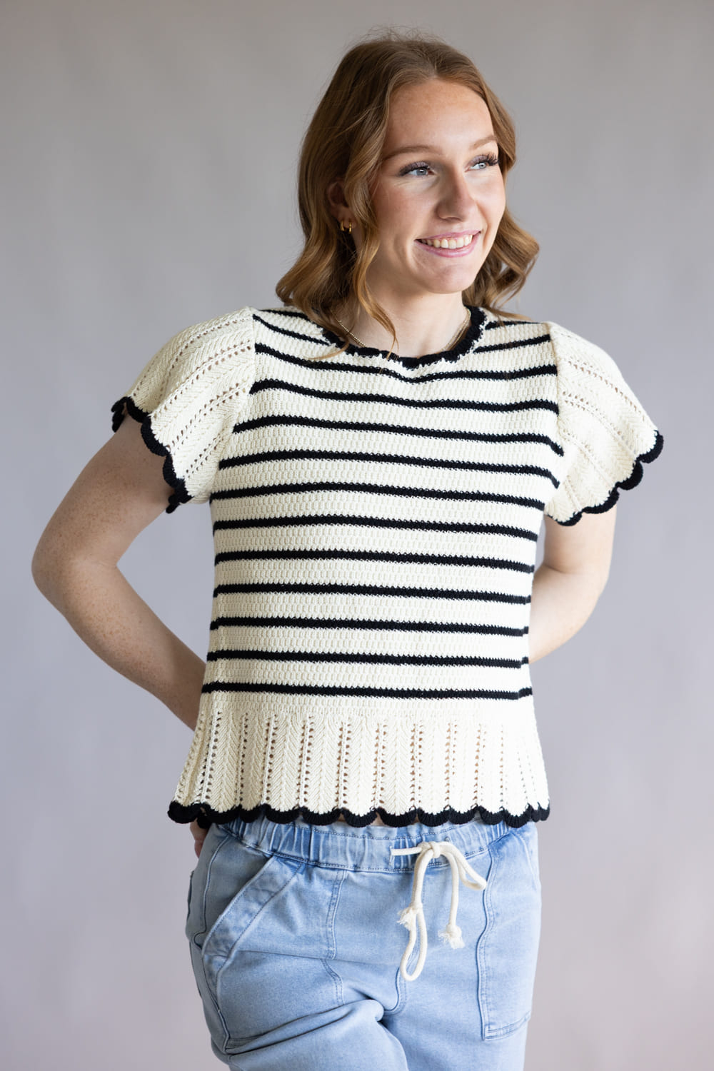 Crochet Striped Flutter Sleeve Sweater for Women in Natural/Black