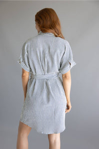 Striped Button Front Tie Waist Midi Dress for Women in Navy/Cream 