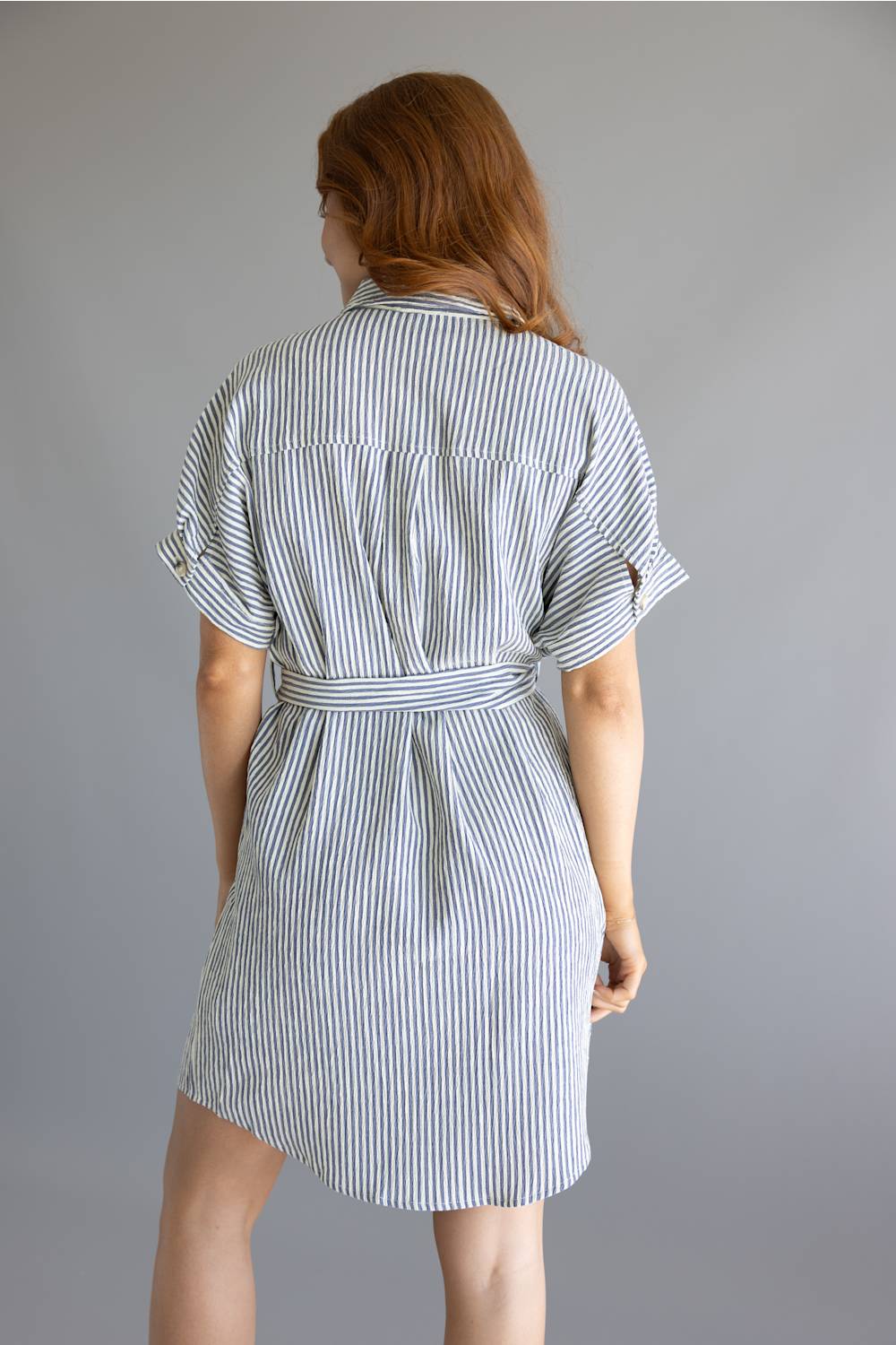 Striped Button Front Tie Waist Midi Dress for Women in Navy/Cream 