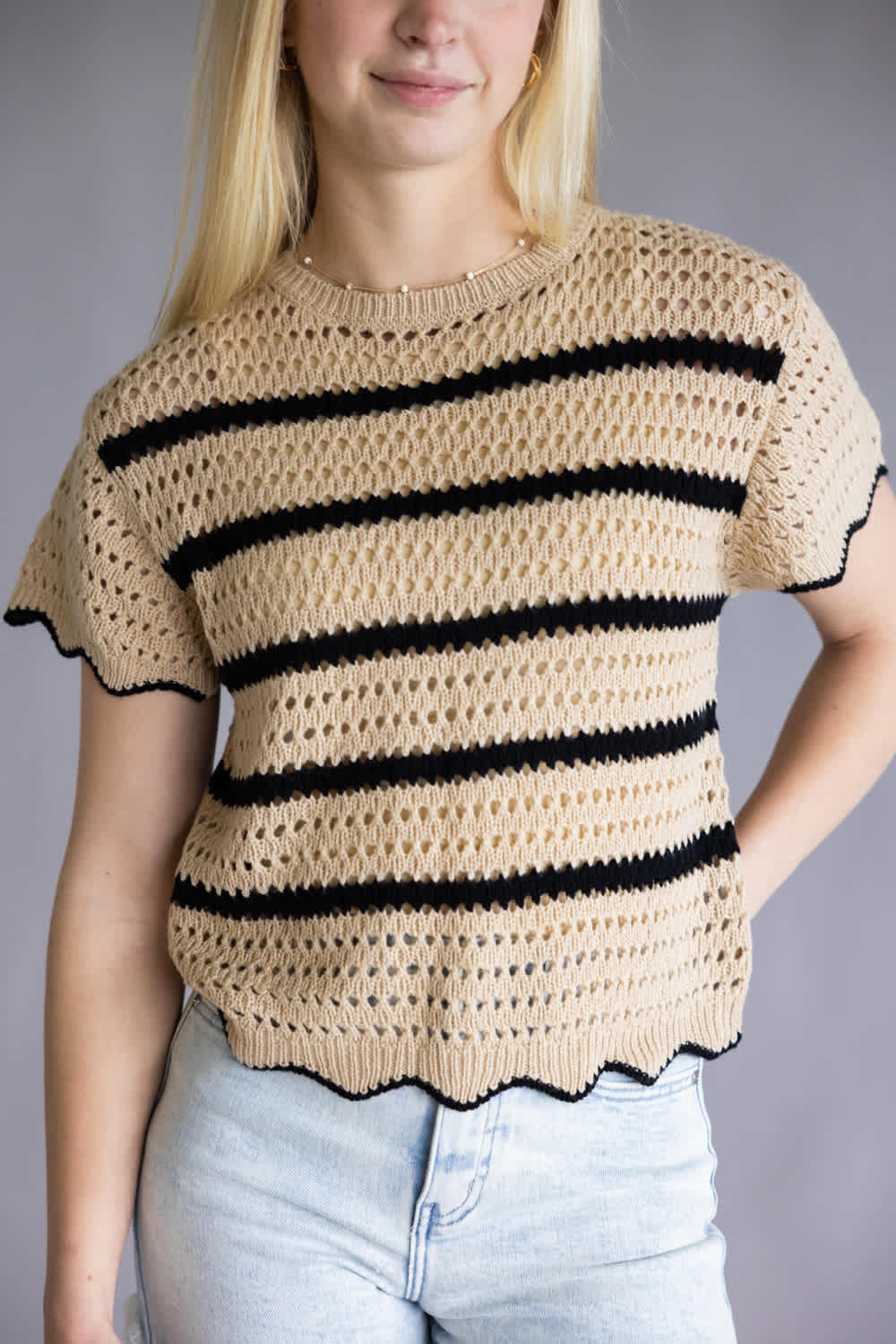 Striped Crotchet Knit Sweater Top for Women in Brown/Black