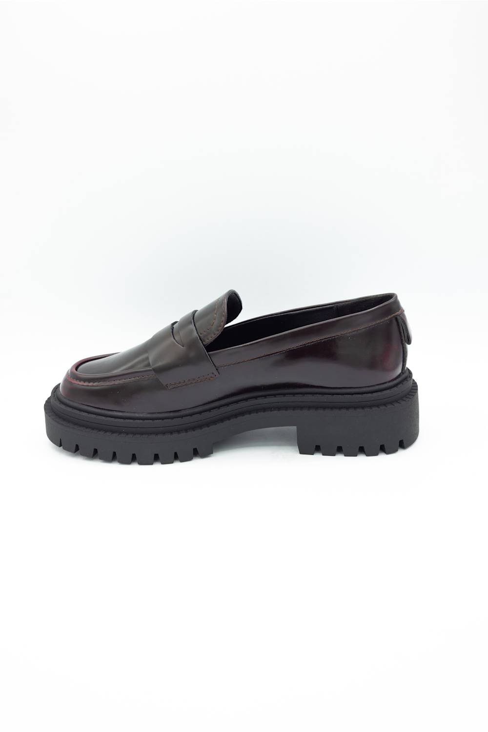 MIA Henrik Platform Loafers in wine red leather, featuring a chunky lug sole, round moc toe, and profile view of the heel and platform detail, displayed against a plain white background.