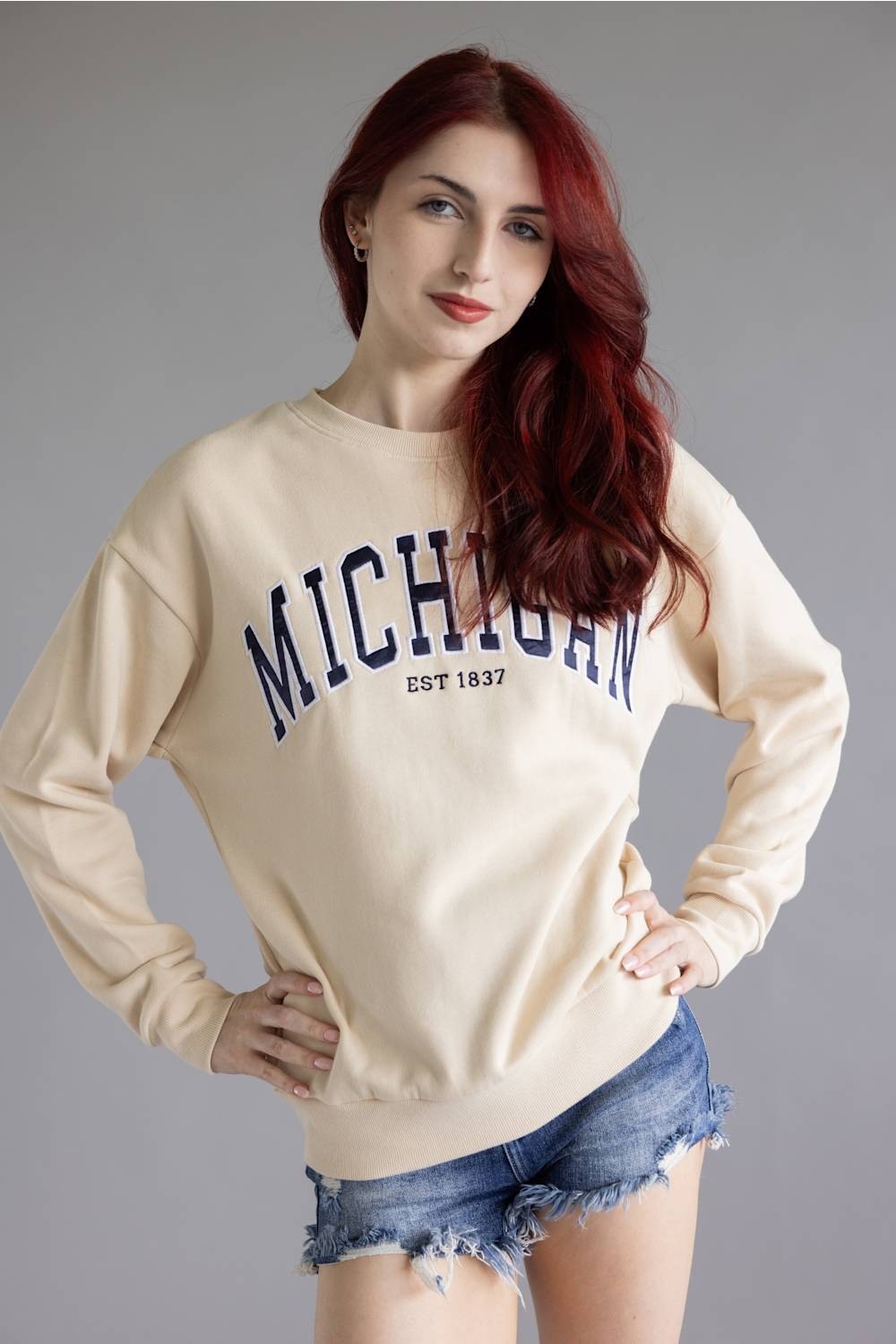 1897 Active Embroidered Michigan Fleece Sweatshirt for Women in Cream