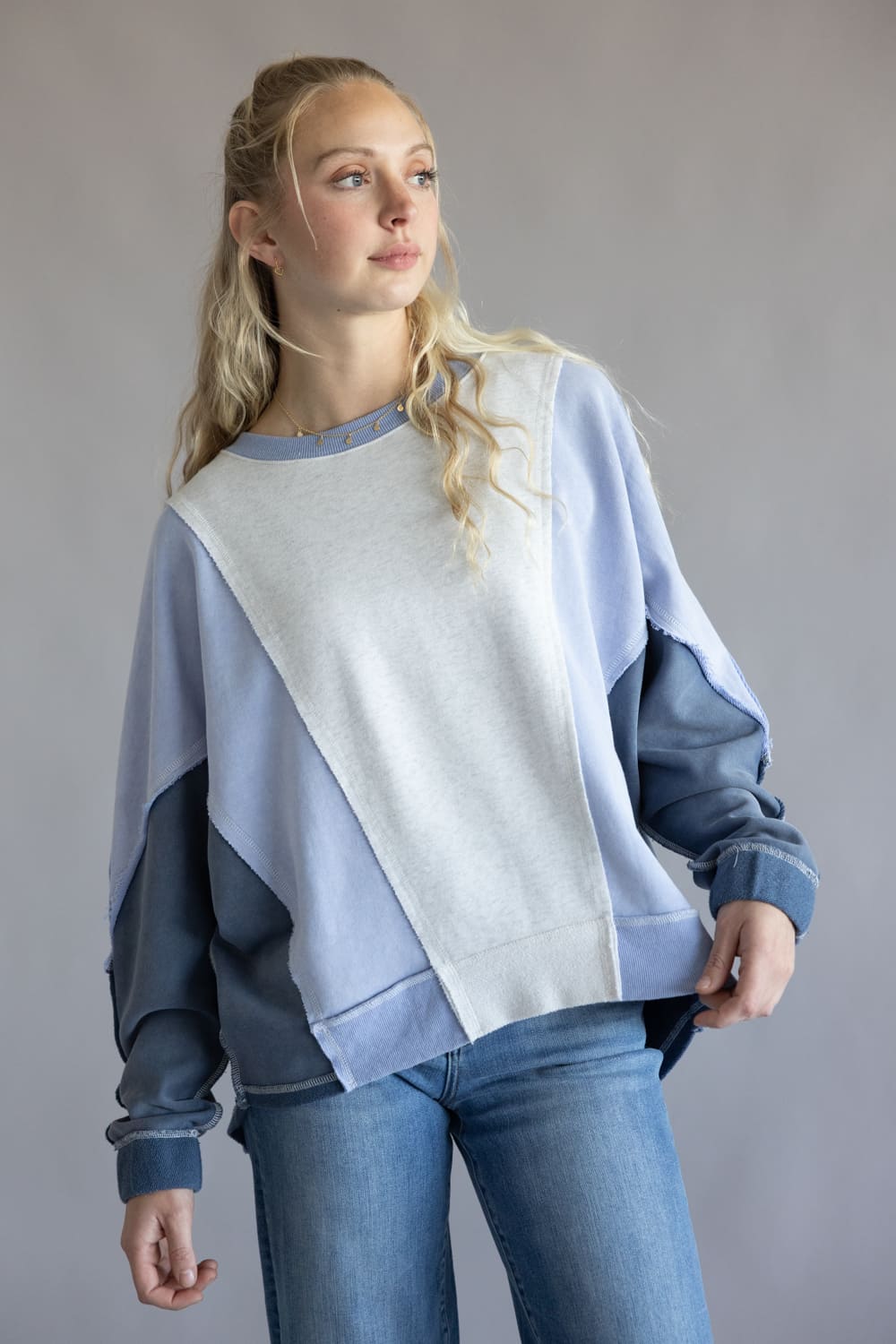 Mineral Wash Color Block Pullover for Women in Blue Combo 