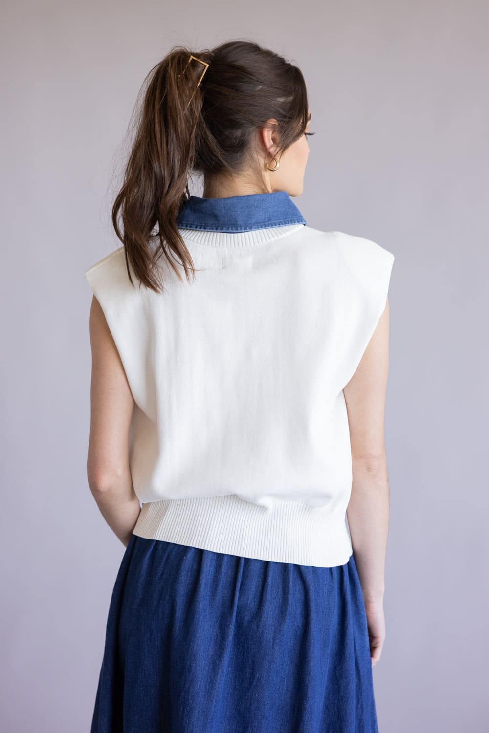 Elan Cap Sleeve Denim Accent Sweater for Women in White