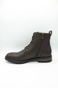 A dark brown leather lace-up ankle boot with a side zipper, low stacked heel, and pull tab, shown in profile against a white studio background.