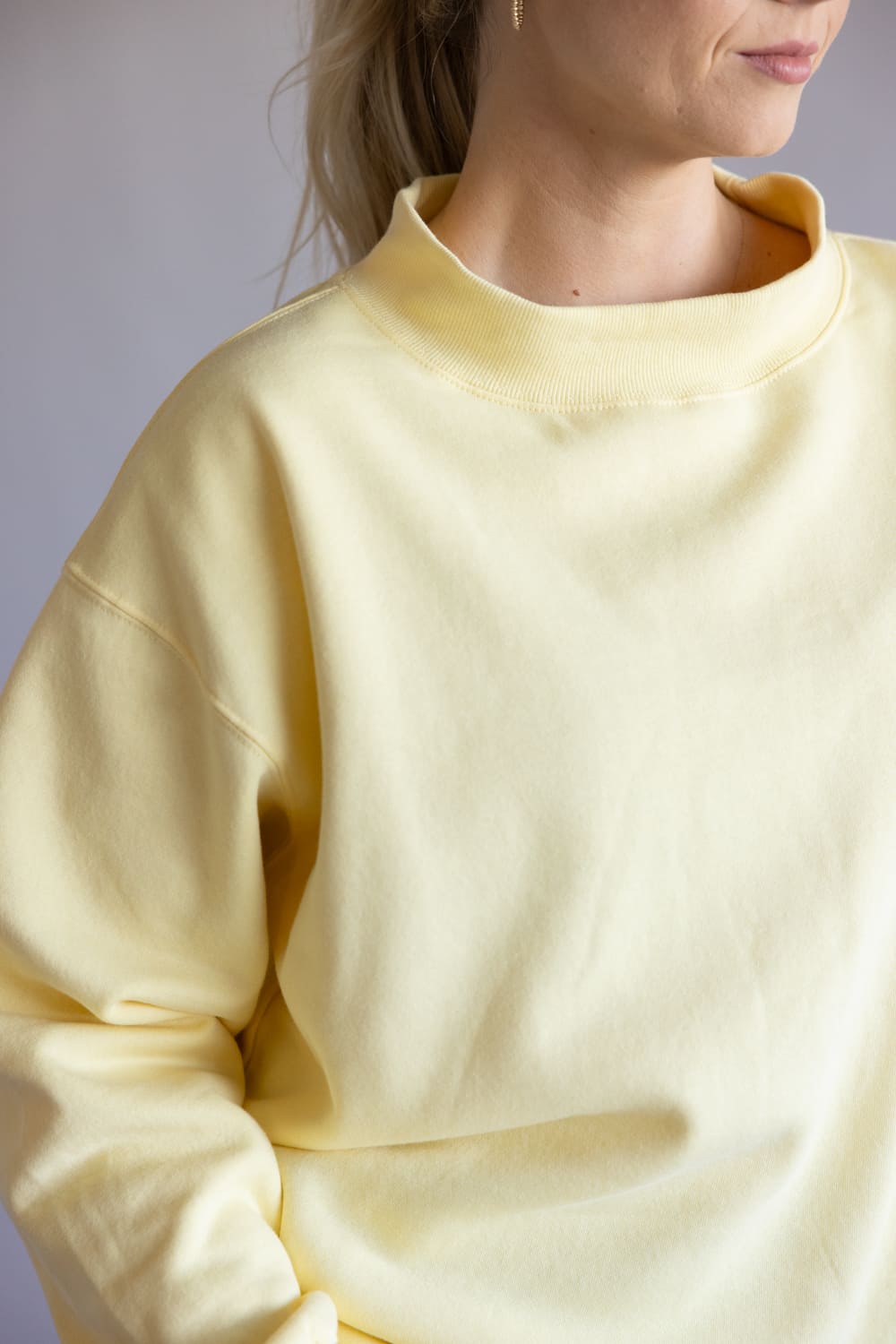 Mock Neck Oversized Fleece Pullover for Women in Butter Yellow