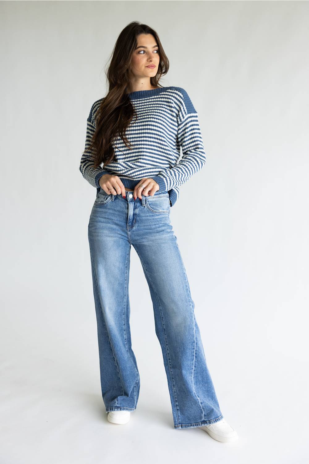 Flying Monkey Mid Rise Distressed Waistband Twisted Wide Leg Jeans for Women | F9197