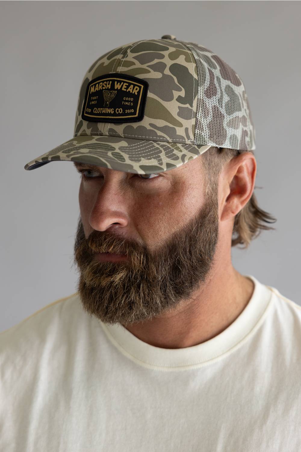 Marsh Wear Tight Lines Trucker Hat in Khaki Mallard Camo