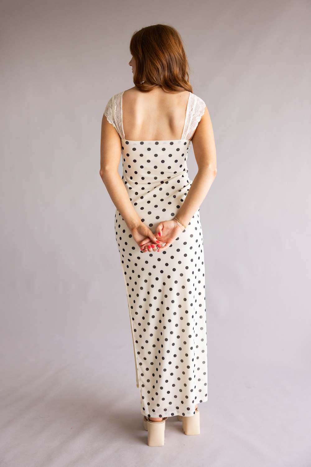 Mesh Polka Dot Lace Detail Maxi Dress for Women in Cream | IBD30145-8- Glik's Mesh Polka Dot Lace Detail Maxi Dress for Women in Cream | IBD30145-8- Glik's